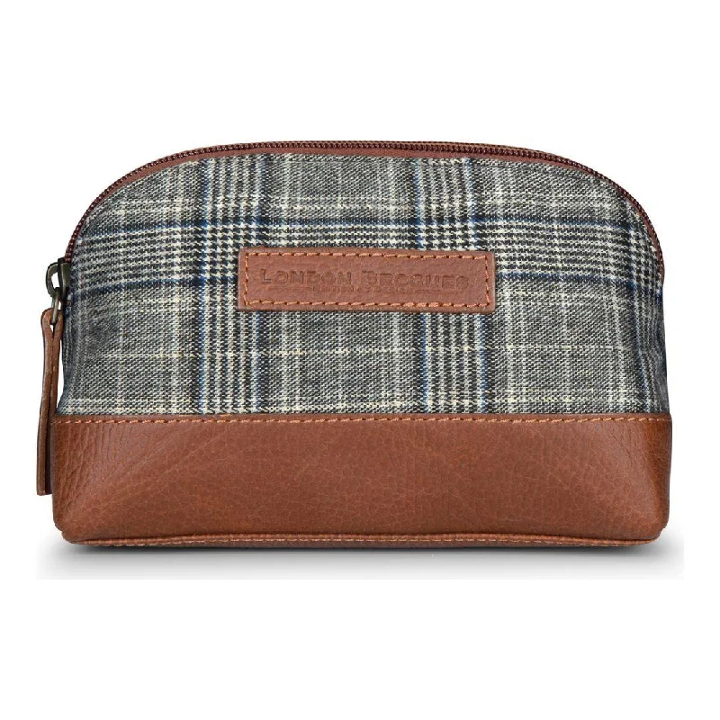 Mens Retro Leather Tweed Accessories Bag Toiletries Zipped Gift Classic British