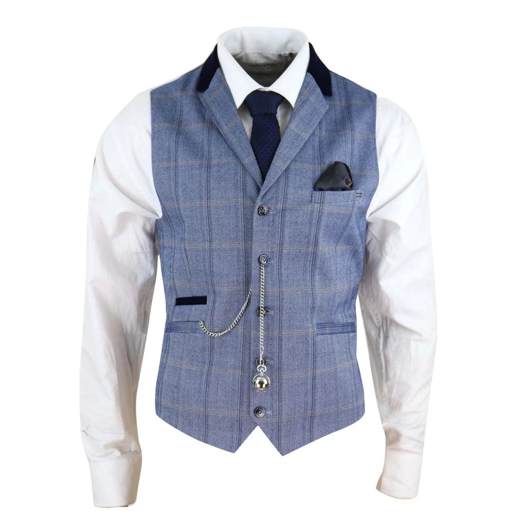 Mens Navy Check Waistcoat with Pocket Watch