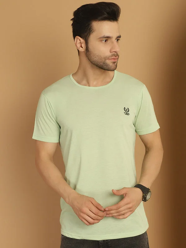 Men's Shirts with Animal PrintsMack Jonney Round Neck Cotton Solid Light Green T-Shirt for Men