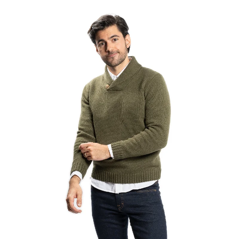 Men's Sweaters with Built-In ScarvesWool Shawl Collar Sweaters - Olive