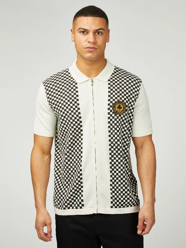 Solid-Colored Men's SweatersAce Cafe Chequerboard Zip Through Polo - Ivory