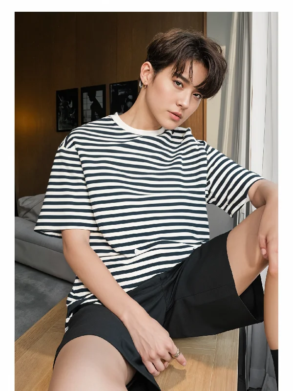 Men's Shirts for CampingMack Jonney Oversized | Loose Fit | Half Sleeves 100% Cotton Round Neck Striped T-Shirt for Men