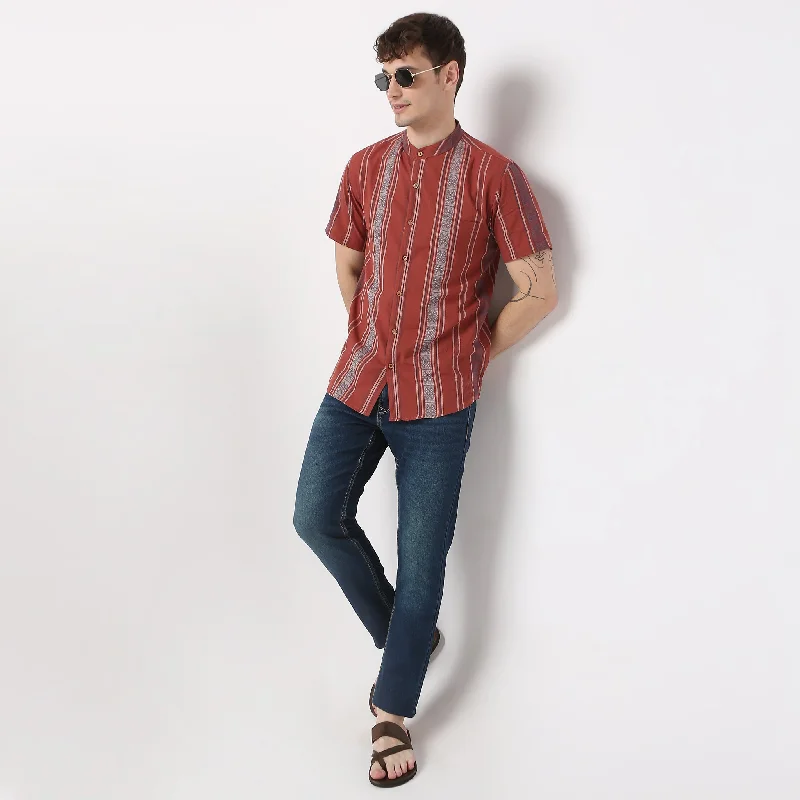 Men's Pattern-Clashing Shirts for Bold FashionArtistry™ Jacquard Woven Band Collar Half Sleeve Shirt Men's Pattern-Clashing Shirts for Bold FashionArtistry™ Jacquard Woven Band Collar Half Sleeve Shirt