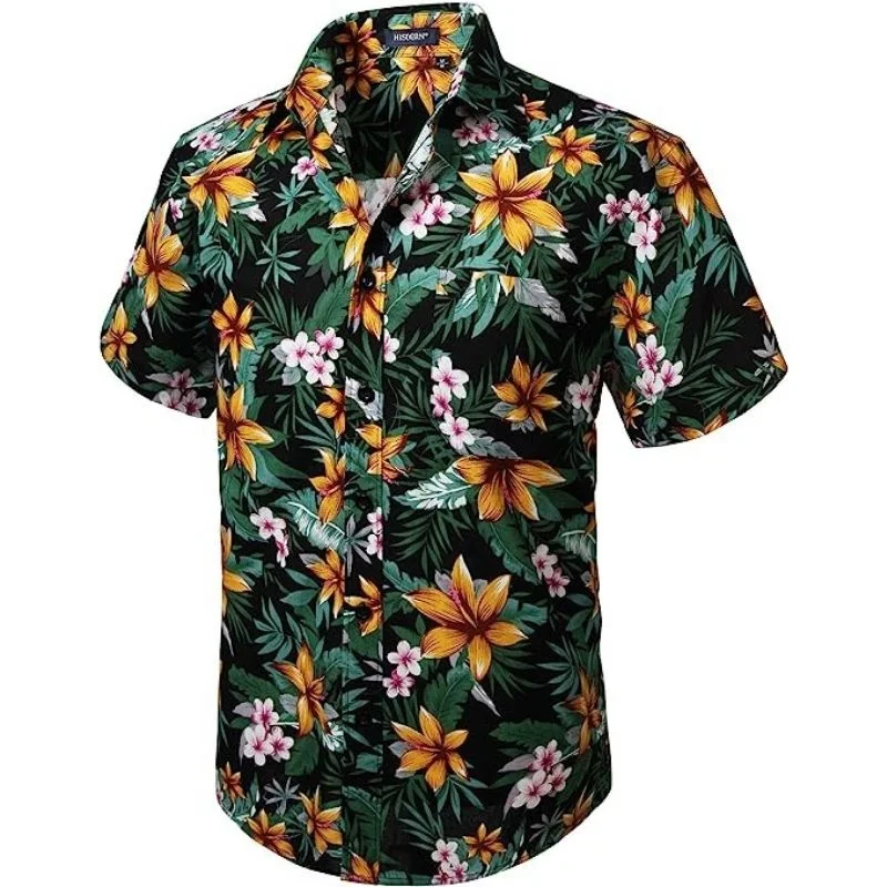 Classic Men's Dress ShirtsFunky Hawaiian Shirts with Pocket - BLACK/ORANGE