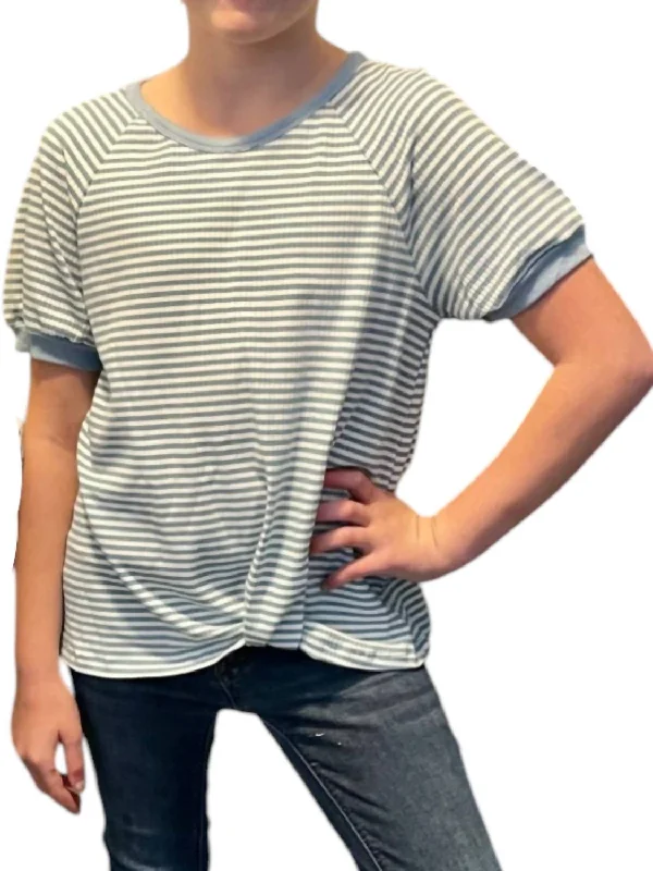 Men's Shirts for HikingGirl's Textured Striped Rib Tucked Hem Tee In Blue