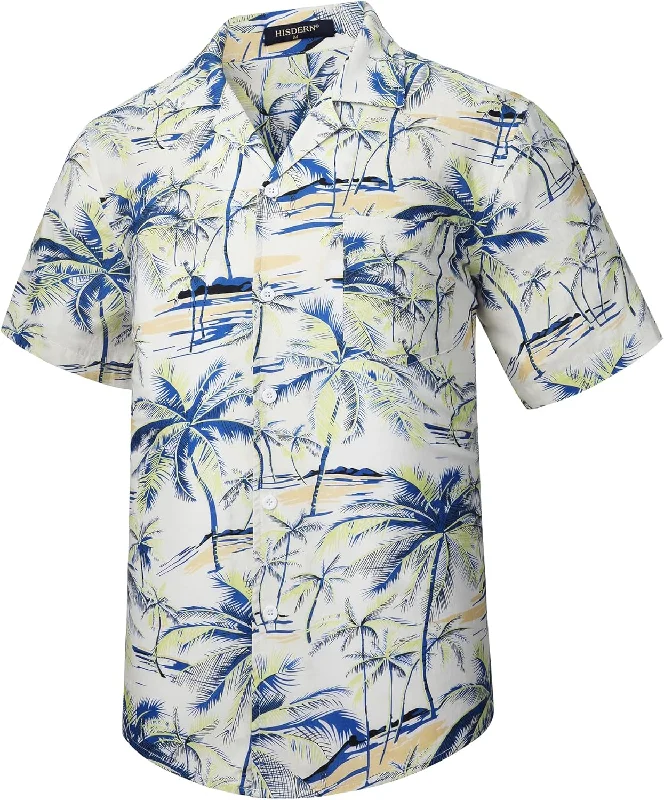Men's Monochrome Shirts for a Minimalist VibeYellow White Palm Tree Button Up Hawaiian Shirt For Summer Vacation Men's Monochrome Shirts for a Minimalist VibeYellow White Palm Tree Button Up Hawaiian Shirt For Summer Vacation