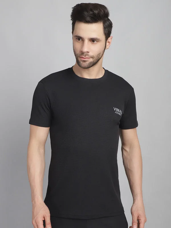 Men's Shirts with Pleated HemlinesMack Jonney Solid Black Round Neck Polyester Lycra Half sleeves Tshirt For Men