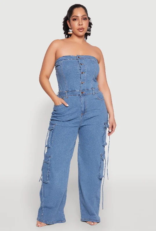Baggy Men's JeansPlus Size Daisy Strapless Denim Cargo Jumpsuit