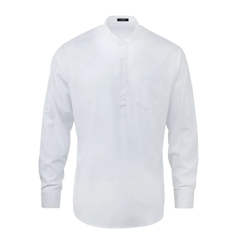 Men's Smart Casual Shirts for Business Casual SettingsMen‘s Henley Shirt Cotton Linen with Pocket - WHITE Men's Smart Casual Shirts for Business Casual SettingsMen‘s Henley Shirt Cotton Linen with Pocket - WHITE