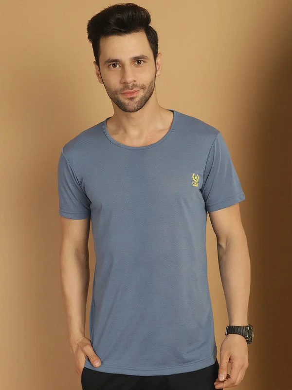 Men's Shirts with Geometric PatternsMack Jonney Round Neck Cotton Solid Dark Grey T-Shirt for Men