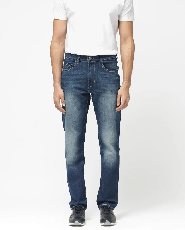 Men's Jeans with Elastic WaistbandsRare Rabbit Mens Dieme Blue Cotton Polyester Solid Regular Fit Jeans