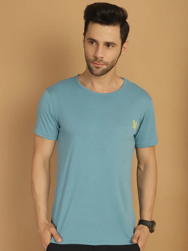 Men's Shirts with Full PlacketsMack Jonney Round Neck Cotton Solid Blue T-Shirt for Men Men's Shirts with Full PlacketsMack Jonney Round Neck Cotton Solid Blue T-Shirt for Men