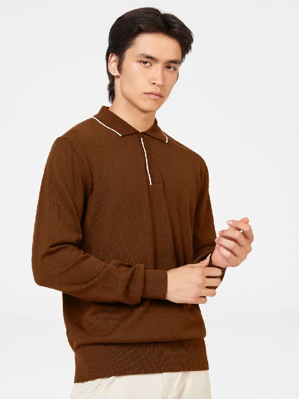 Men's Sweaters for Outdoor ActivitiesTipped Merino Knit Sweater Polo - Brown