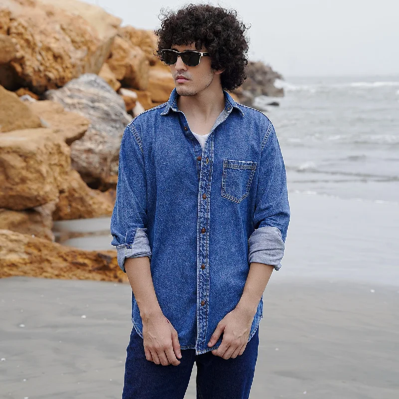 Men's Jeans with Functional PocketsSingle Pocket Shirt Blue