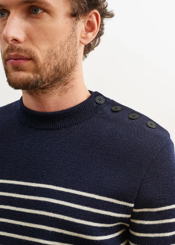 Men's Sweaters in Earthy TonesBINIC - Authentic Striped Fisherman Sweater With Shoulder Buttons in Wool | Loose Fit (NAVY / ECRU) Men's Sweaters in Earthy TonesBINIC - Authentic Striped Fisherman Sweater With Shoulder Buttons in Wool | Loose Fit (NAVY / ECRU)