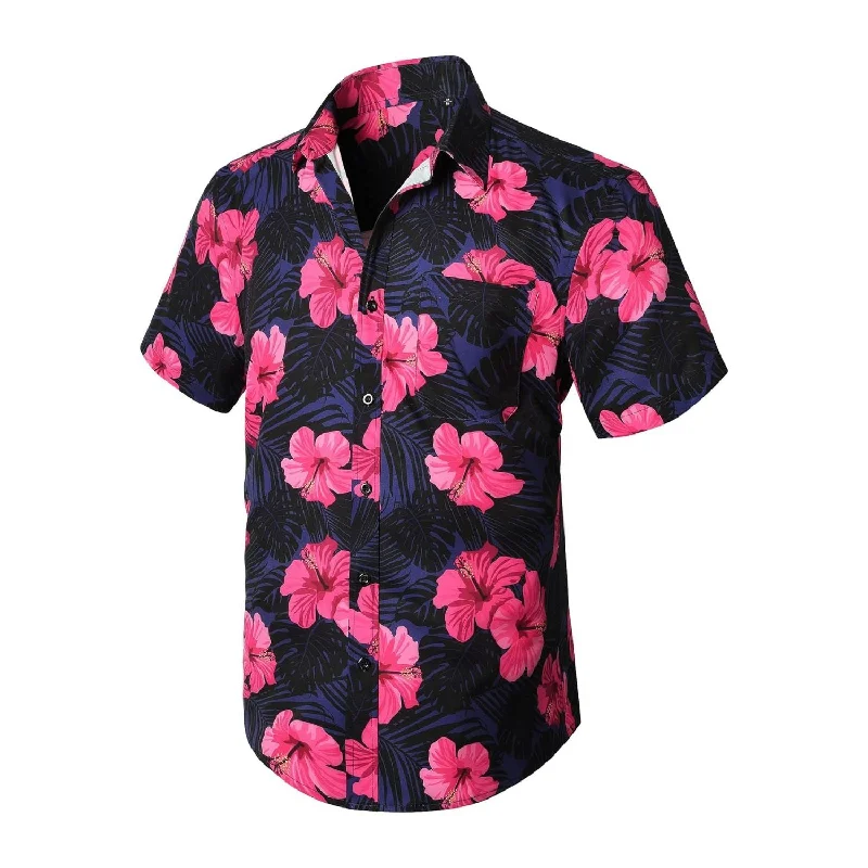 Breathable Men's Linen ShirtsFunky Hawaiian Shirts with Pocket - A-A PINK/NAVY BLUE