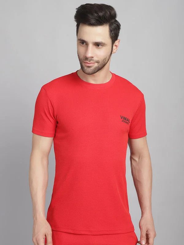 Men's Shirts with Hidden ButtonsMack Jonney Solid Red Round Neck Polyester Lycra Half sleeves Tshirt For Men Men's Shirts with Hidden ButtonsMack Jonney Solid Red Round Neck Polyester Lycra Half sleeves Tshirt For Men