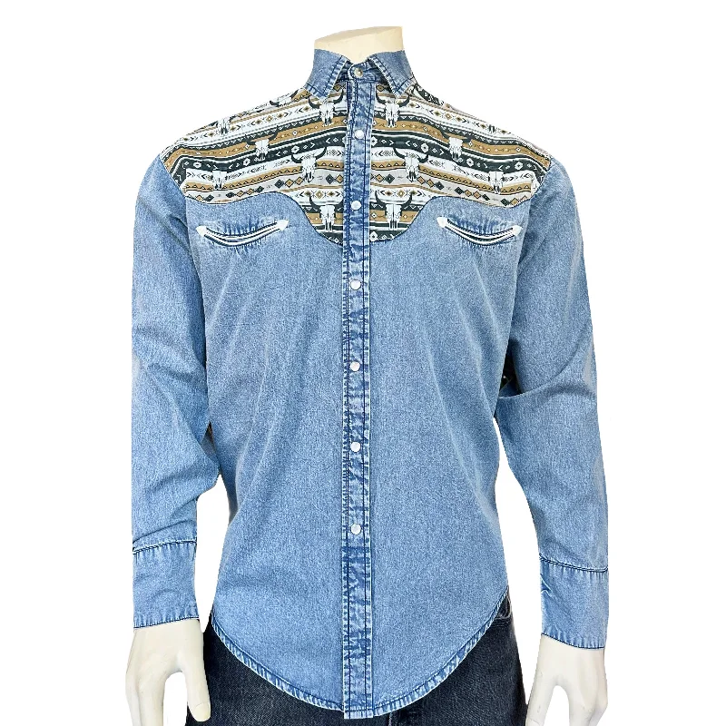 Fashion-Forward Men's JeansMen's Vintage 2-Tone Denim & Steer Skull Embroidered Western Shirt
