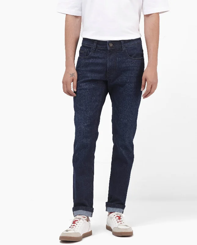 Fashion-Forward Men's JeansRare Rabbit Mens Ledo Dark Navy Mid Rise Rinse Wash Slim Fit Raw Denim Jeans