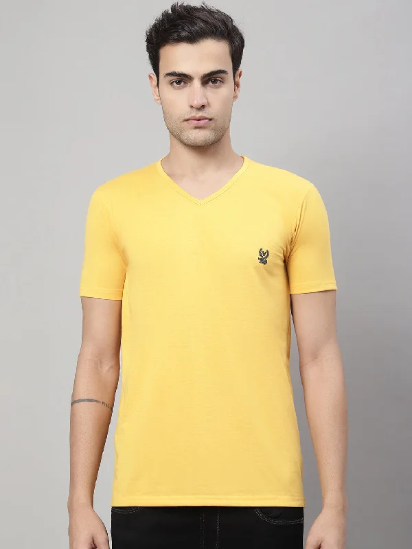 Men's Shirts with Ruffled HemlinesMack Jonney V Neck Cotton Solid Yellow T-Shirt for Men