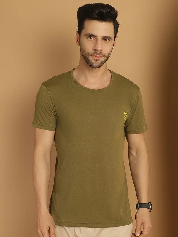 Men's Shirts for FishingMack Jonney Round Neck Cotton Solid Olive T-Shirt for Men