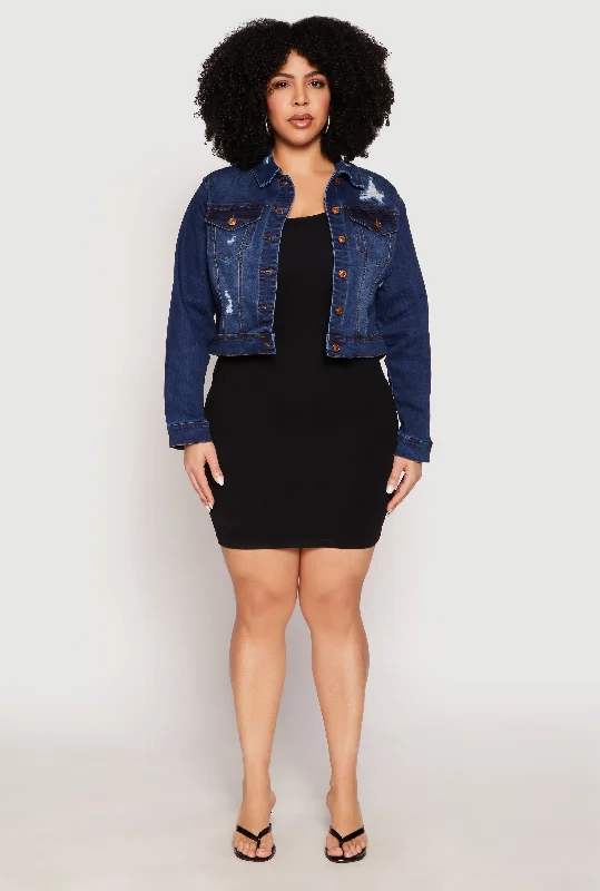 Men's Jeans for a Casual LookPlus Size WAX Distressed Cropped Denim Jacket