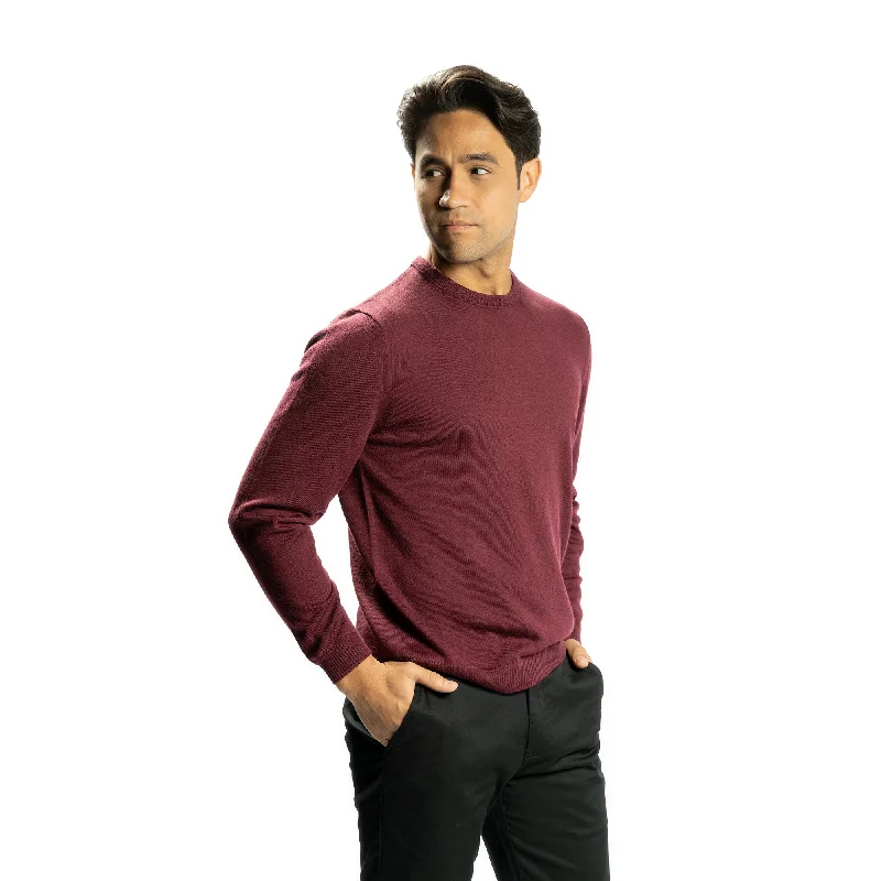 Solid-Colored Men's SweatersMerino Wool Sweaters Crew Neck - Burgundy