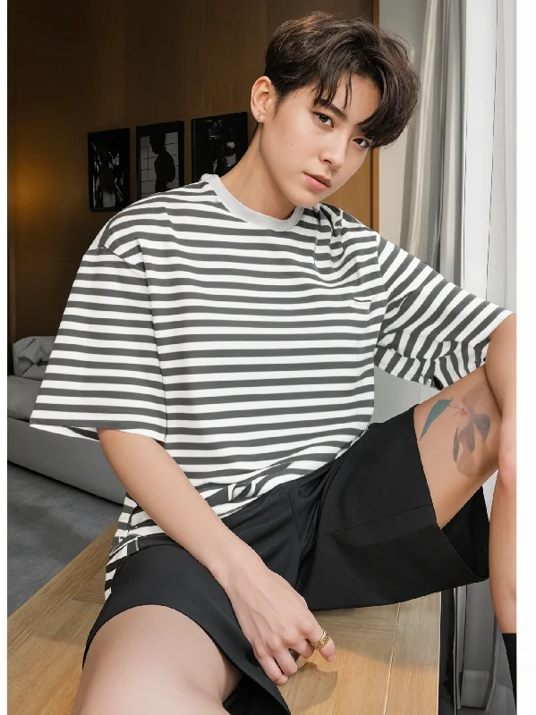Men's Shirts with Pocket SquaresMack Jonney Oversized | Loose Fit | Half Sleeves 100% Cotton Round Neck Striped T-Shirt for Men