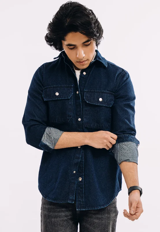 Winter Men's JeansButton Down Over Shirt - Dark Blue