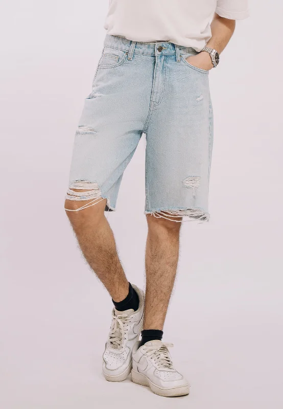 Men's Skinny Jeans with Stretch FabricRipped Denim Shorts - Light Blue Wash