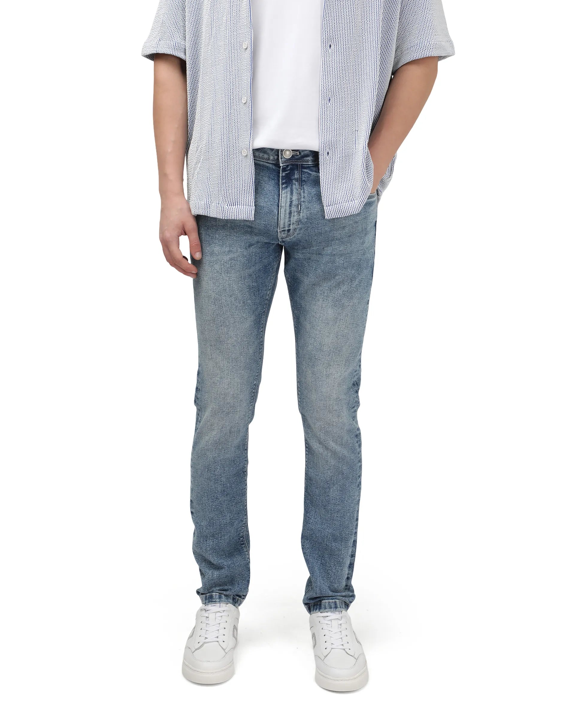 Authentic Raw Denim Men's JeansRare Rabbit Men Anton Light Blue Cotton Polyester Fabric Mid Wash Slim Fit Plain Denim Pant