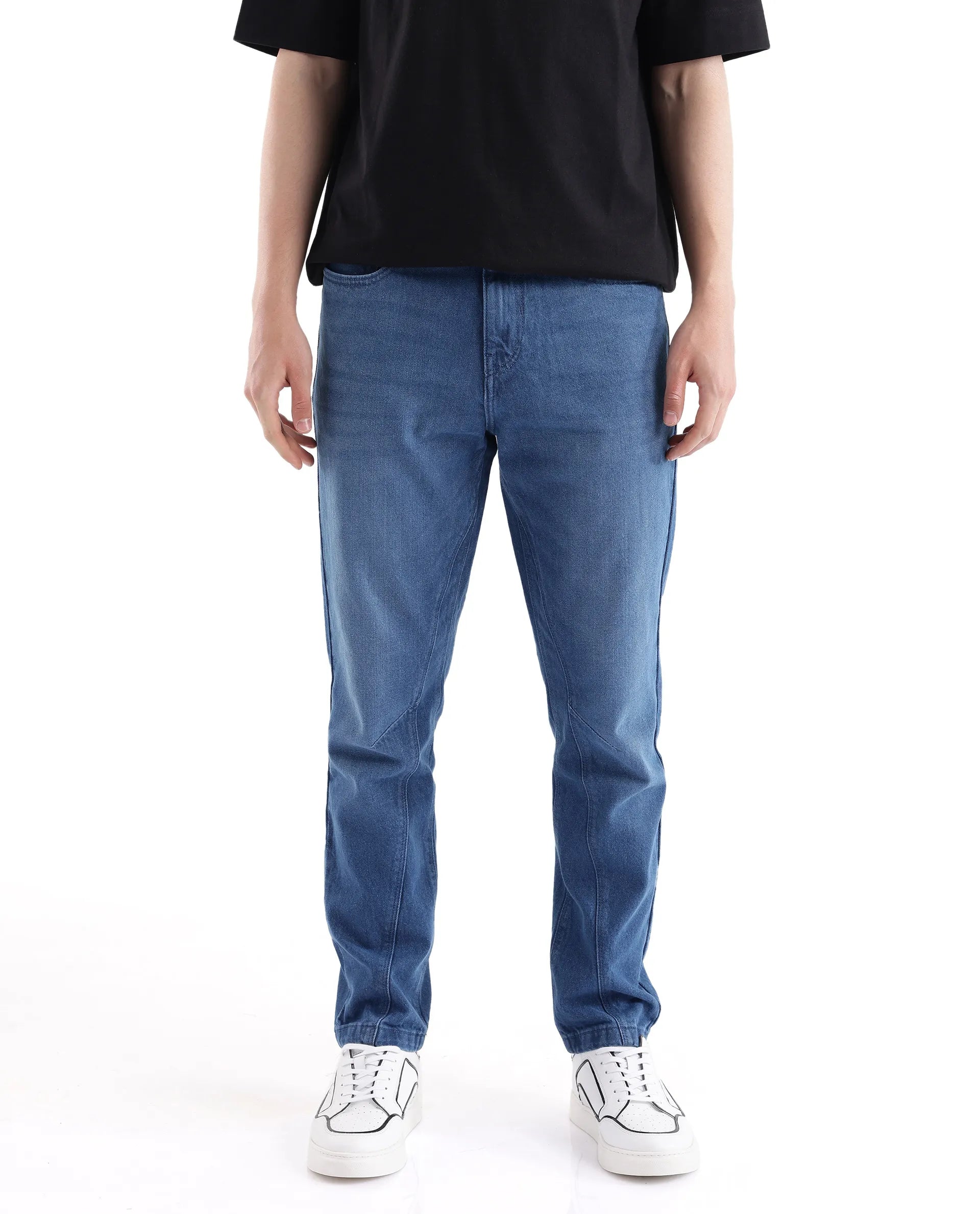 Affordable Designer Men's JeansRare Rabbit Men's Kobet Blue Cotton Fabric Mid Wash Mid Rise Regular Fit Cut and Sew Jeans