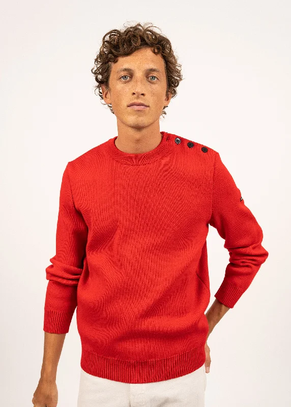 Men's Sweaters with Built-In ScarvesCANCALE - Wool Fisherman Sweater with Button Shoulder | Loose Fit (RED)