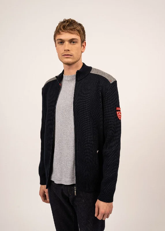 Men's Sweaters with Patchwork DesignsSERAC ARPIN - Wool Knit Jacket With Zip (NAVY) Men's Sweaters with Patchwork DesignsSERAC ARPIN - Wool Knit Jacket With Zip (NAVY)