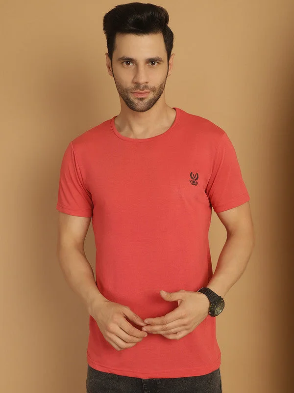 Men's Shirts for CampingMack Jonney Round Neck Cotton Solid Pink T-Shirt for Men