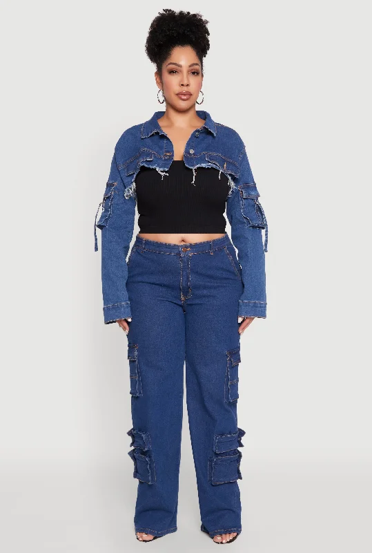 Best Selling Men's Jeans BrandsPlus Size Daisy Cargo Pocket Sleeve Cropped Jean Jacket