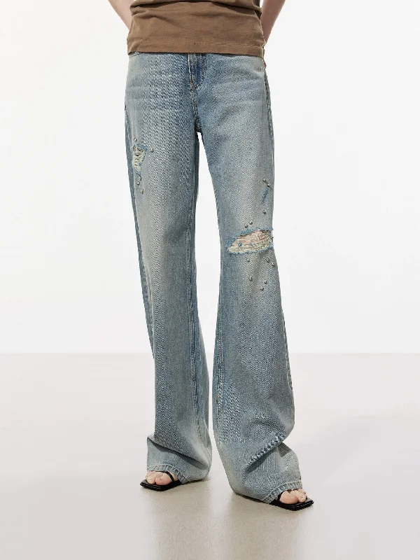 New Arrival Men's JeansBeading Detail Ripped Jeans