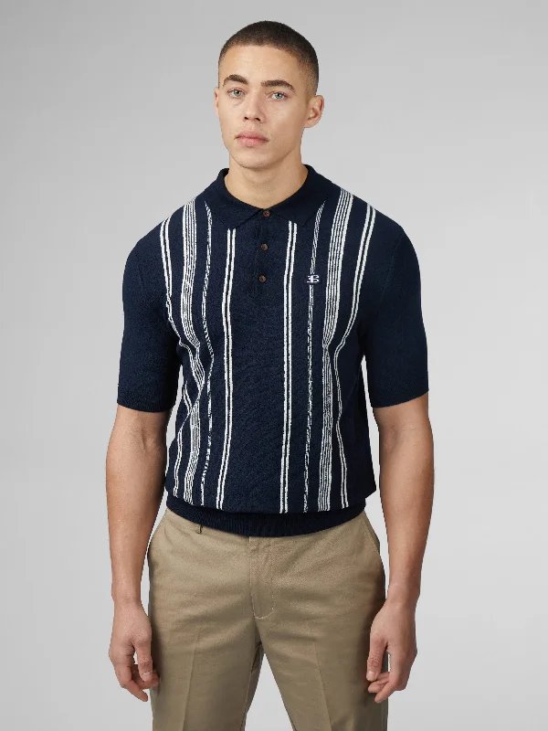 Men's Sweaters with Hidden PocketsB by Ben Sherman Crinkle Cotton Stripe Polo - Dark Navy