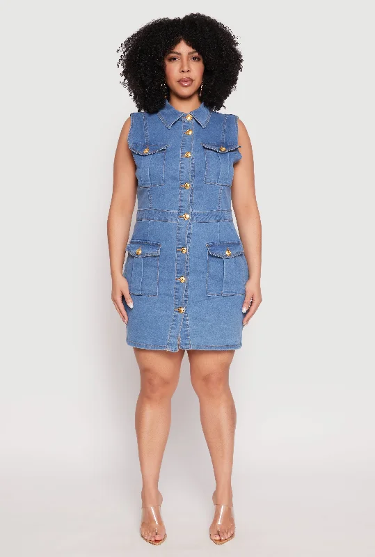 Unique Men's Jeans DesignsPlus Size Daisy Sleeveless Denim Utility Mini Dress