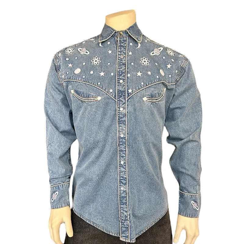 Leather Patch Men's JeansMen's Out of This World Embroidered Denim Western Shirt