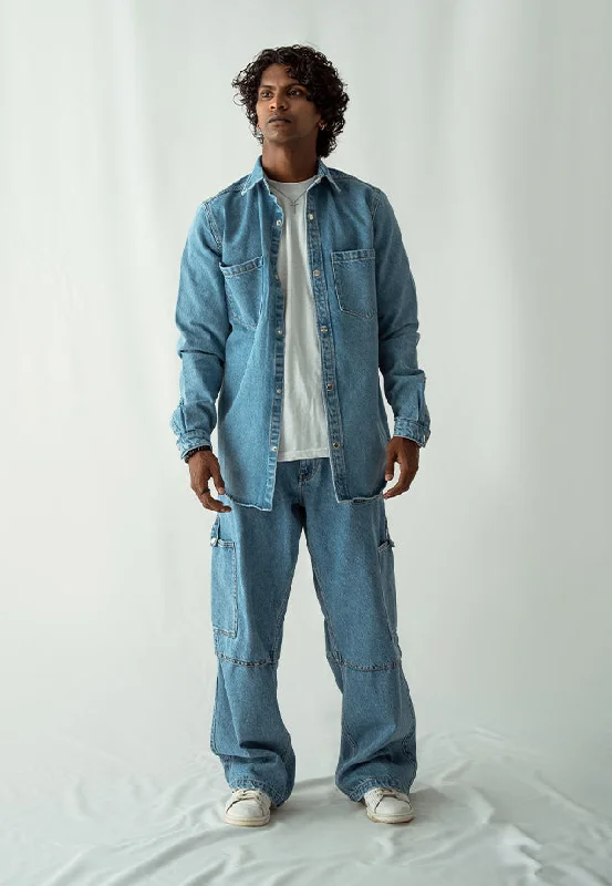 Fashionable Men's JeansDenim Over Shirt With Pockets - Mid Blue