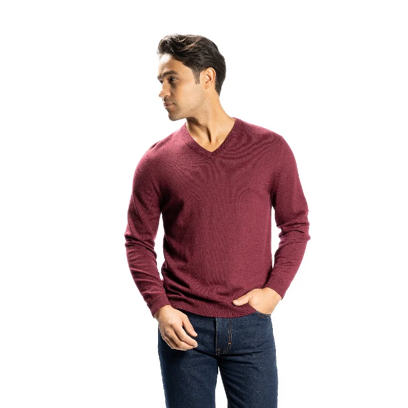 Men's Sweaters with Long SleevesMerino Wool Sweaters V Neck - Burgundy