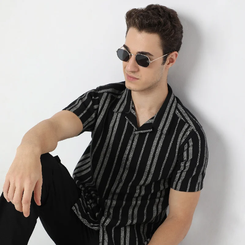 Men's Layering Shirts for Seasonal TransitionsStriped Modern Smart Mood Camp Collar Half Sleeve Shirt Men's Layering Shirts for Seasonal TransitionsStriped Modern Smart Mood Camp Collar Half Sleeve Shirt