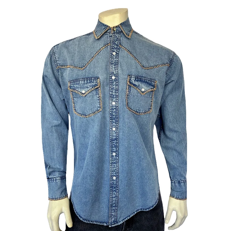 New Arrival Men's JeansMen's Stonewashed Denim Blanket Stitch Western Shirt