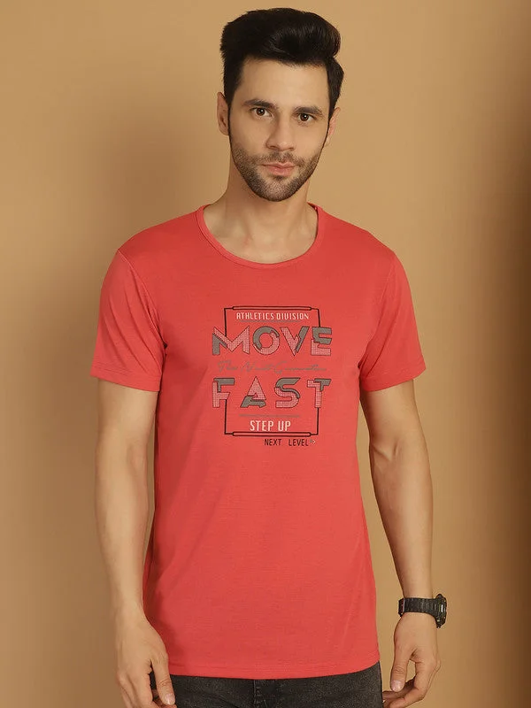 Casual Men's T-ShirtsMack Jonney Round Neck Cotton Printed Pink T-Shirt for Men