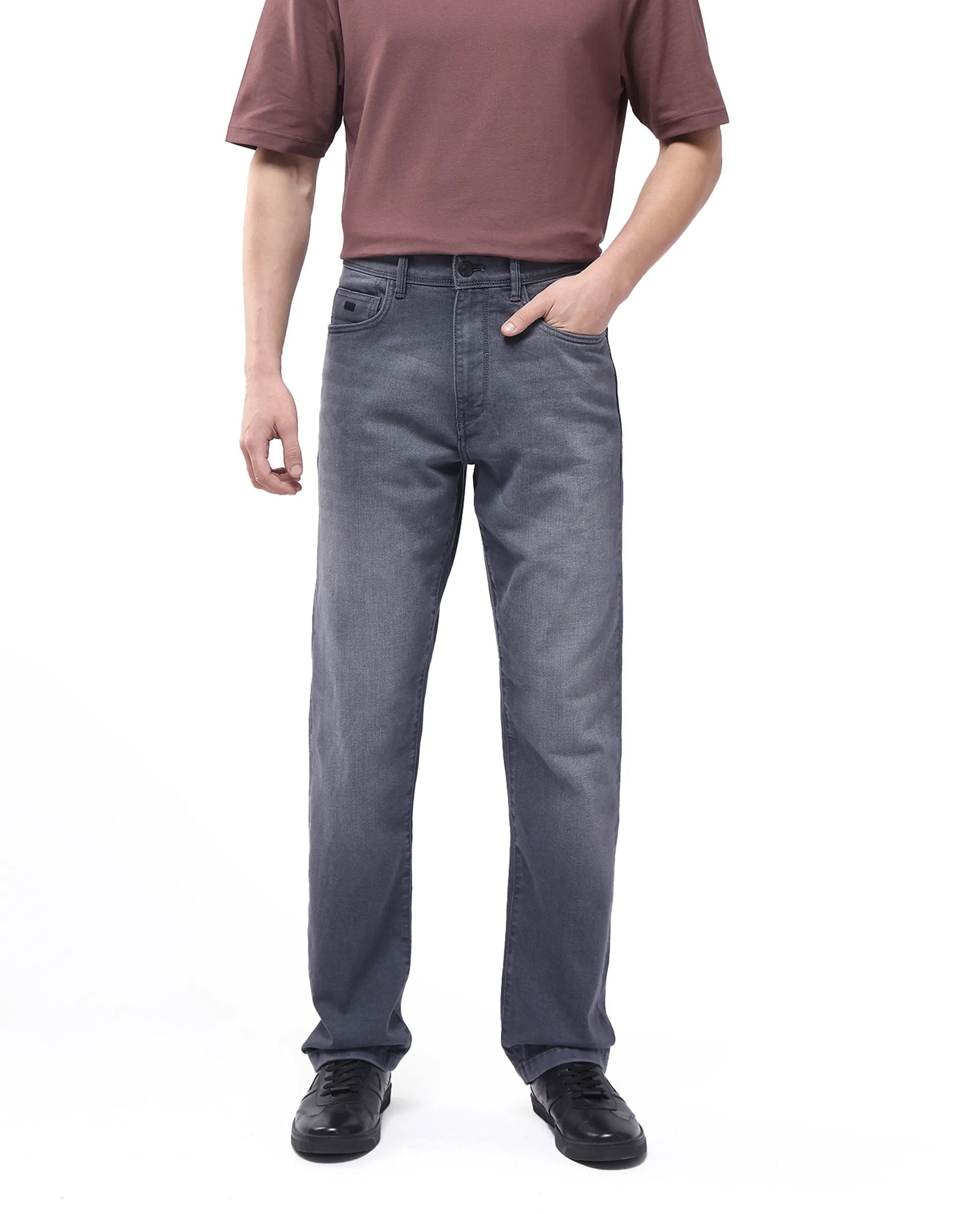 Flexible Men's JeansRare Rabbit Men Fyod Grey Cotton Polyester Fabric Regular Fit Plain Denim Pant