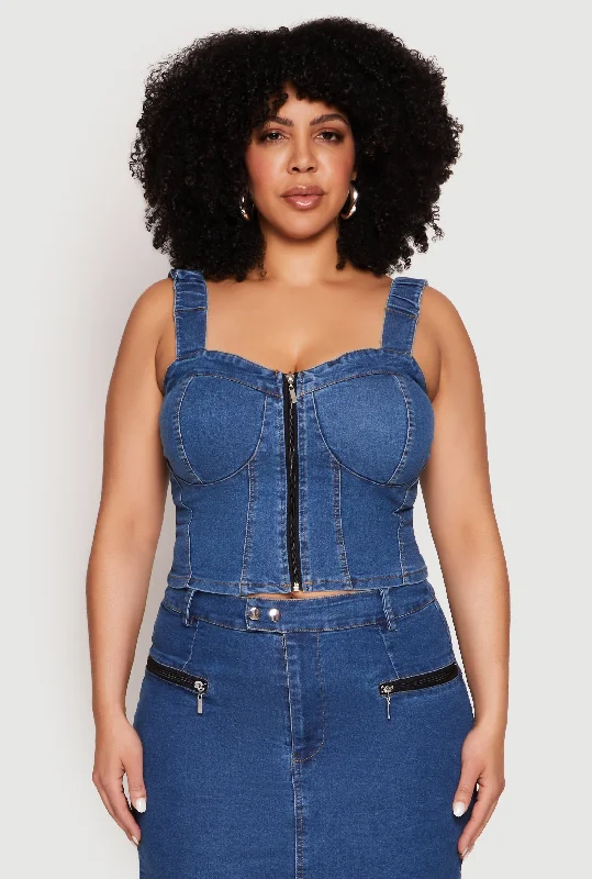 Men's Jeans with Fashionable RipsPlus Size Denim Zip Front Bustier Top