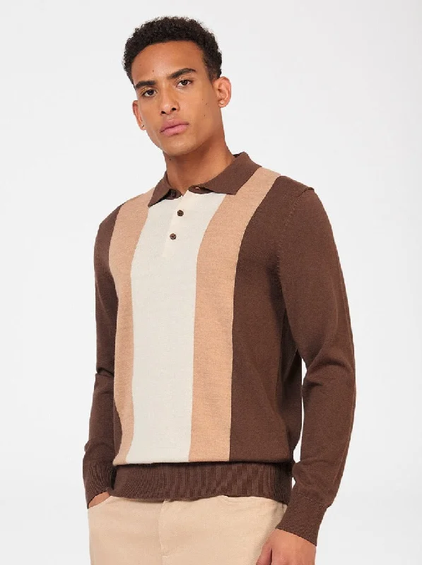 Men's Sweaters with Stand-Up CollarsBlock Stripe Merino Knit Polo - Chocolate