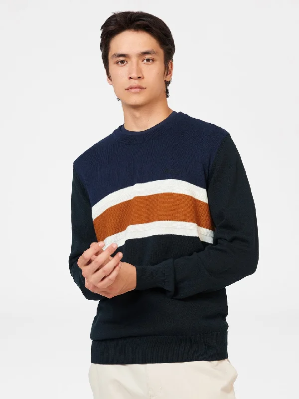 Men's Sweaters with Low-Neck DesignsChest Stripe Crewneck Sweater