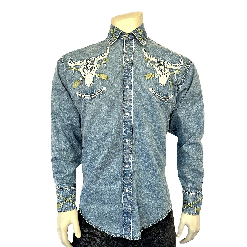 Men's Skinny Jeans with Stretch FabricMen’s Vintage Denim Steer Skull & Arrow Chain Stitch Embroidered Western Shirt